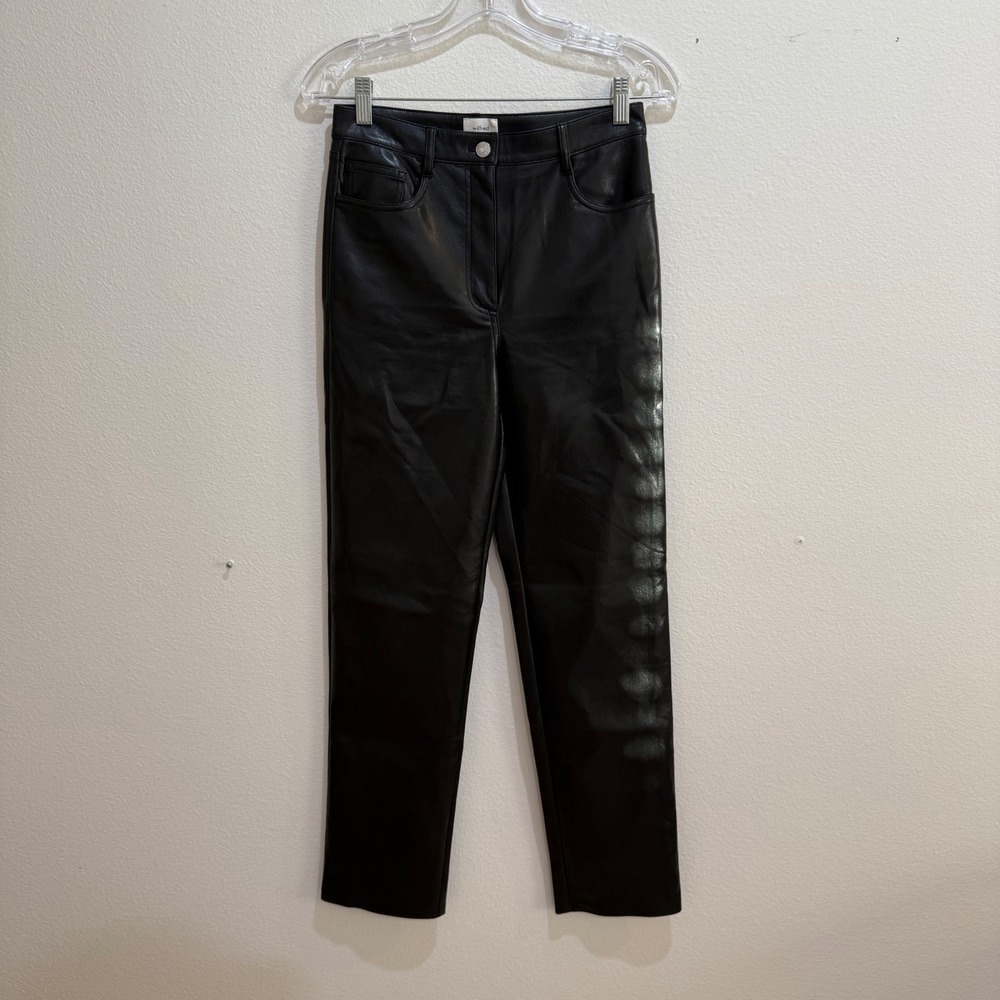 Wilfred Aritzia Melina Black Vegan Leather High Rise Straight Leg Pants Size 4